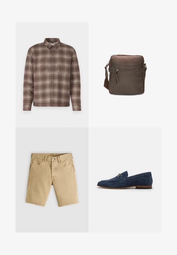 Braun karierte Hemd mit spitzem Kragen, zwei Brusttaschen und Knopfschluss, aus einem weichen, strukturierten Stoff gefertigt.; Beige Baumwoll-Denim-Shorts mit Fronttaschen, Gürtelschlaufen und Knopfverschluss, flach auf einem hellgrauen Hintergrund liegend.; Marineblaue Wildleder-Pantoletten mit runder Zehenform, kleinem dekorativen Akzent und kontrastierender brauner Sohle. Glatte Textur mit dezenten Nähdetails.; Braune Leder-Crossbody-Tasche mit einem strukturierten Stoffoberteil, vorderer Reißverschlusstasche, verstellbarem Riemen und glatter Oberfläche. Kompakte rechteckige Form.