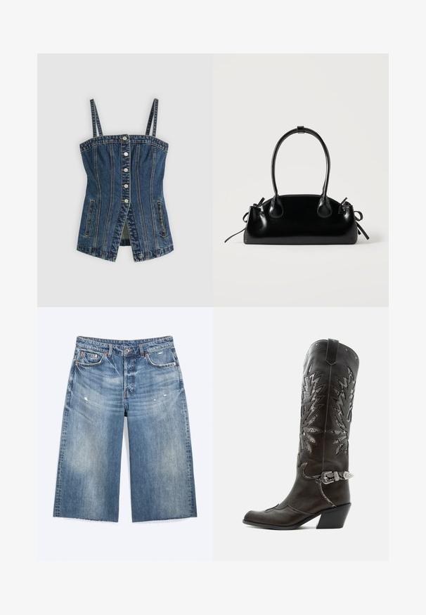 Top corset en denim avec bretelles ajustables, fermeture à boutons sur le devant, détails de couture verticale, poches latérales et une légère ouverture à l'avant.; Short en denim bleu longueur genou avec légère usure, poches avant, passants de ceinture et fermeture par bouton.; Botte de cowboy en cuir noir avec découpes décoratives, boucle argentée et talon incliné, présentée sur fond blanc.; Petit sac à main noir brillant avec deux longues anses et des détails à cordon sur les côtés sur un fond clair uni.