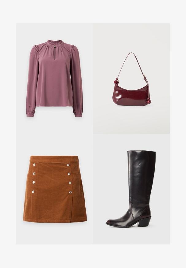 Blusa de manga larga en color malva con cuello fruncido, escote en forma de ojal con cierre de botón y hombros ligeramente abullonados.; Falda de pana marrón con una cintura ajustada, cinco botones metálicos en el lado izquierdo y dos bolsillos frontales. Textura suave con acanalado vertical.; Bota de cuero marrón oscuro hasta la rodilla con punta afilada, tacón angular y textura suave y brillante. Presenta un diseño limpio y detalles de costura.; Bolso pequeño brillante de color rojo oscuro con un borde superior curvado y cuentas redondas decorativas en los extremos de la correa.