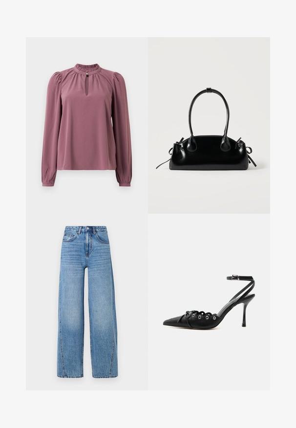 Langärmlige mauve Bluse mit gerafftem Kragen, Schlüsselloch-Ausschnitt mit Knopfverschluss und leicht gepufften Schultern.; Hochtaillierte, hellblaue, weite Jeans mit Fronttaschen, Gürtelschlaufen, Knopfverschluss und sichtbaren Steppnähten.; Schwarzer, spitzer High-Heel-Schuh mit geschwungenen Kanten, Metallösen, Schnürung vorne und Knöchelriemen mit Schnallverschluss.; Kleine schwarze glänzende Handtasche mit zwei langen Griffen und seitlichen Kordelzug-Details vor einfachem hellem Hintergrund.