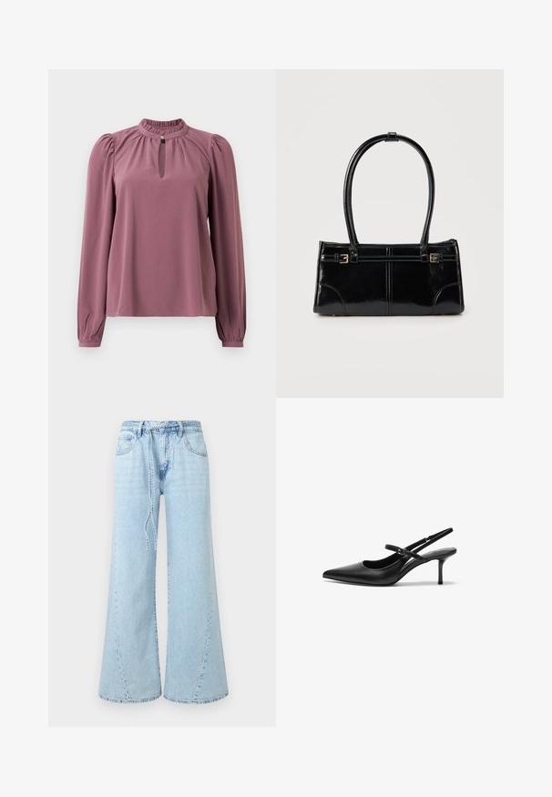 Langärmlige mauve Bluse mit gerafftem Kragen, Schlüsselloch-Ausschnitt mit Knopfverschluss und leicht gepufften Schultern.; Hellblaue Jeans mit weitem Bein, Vordertaschen, Gürtelschlaufen und lockerem Bindegürtel in der Taille auf einfarbigem Hintergrund.; Schwarze Leder Slingback-Absätze mit einer spitzen Zehenform, schmalem verstellbarem Riemen und einem etwa 5 cm hohen Stiletto-Absatz, glatte Textur.; Glänzende schwarze rechteckige Handtasche mit zwei dünnen Schulterriemen und kleinen goldenen Schnallen vorne.
