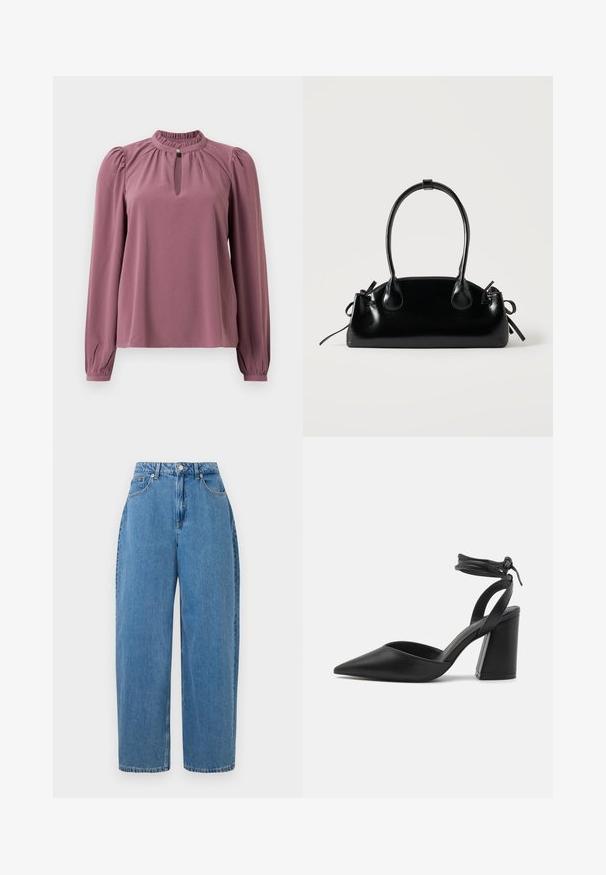 Blusa de manga larga en color malva con cuello fruncido, escote en forma de ojal con cierre de botón y hombros ligeramente abullonados.; Pantalones de mezclilla de color azul claro con un ajuste de pierna recta, cintura alta y cierre frontal con botón. Cuenta con cinco bolsillos y detalles de costura mínimos.; Zapato de tacón negro con punta afilada, tacón cuadrado estructurado, material de cuero suave y una correa en el tobillo ajustable para un ajuste seguro.; Pequeño bolso negro brillante con dos asas largas y detalles de cordón lateral sobre un fondo claro liso.
