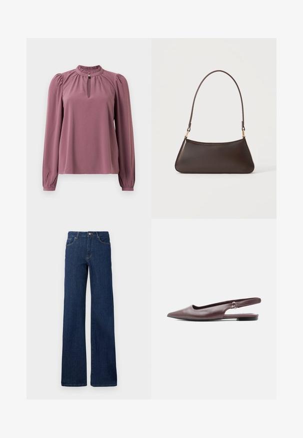 Mauve blouse met lange mouwen, geplooide kraag, keyhole halslijn met knoopsluiting en licht opgeblazen schouders.; Donkerblauwe denim jeans met een rechte snit, vijf zakken, knoop- en ritsluiting, en minimale stikdetails. Gladde textuur.; Bordeauxrode platte slingback schoen met puntige neus, lage hak en verstelbare band, op witte achtergrond.; Donkerbruine leren handtas met een gebogen bovenrits en een dunne schouderriem met gouden sluitingen op een effen achtergrond.