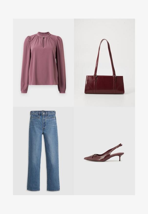 Langermet mauve bluse med samlet krave, nøglehul-udskæring med knaplukning og let puffede skuldre.; Lys blå, lige ben jeans lavet af denim. Funktioner inkluderer en knaplukning, fem lommer og diskret slid. Ingen udsmykninger eller mønstre.; Bordeaux læder slingback hæl med spidse tå, justerbar rem og dekorativ sløjfedetalje foran. 7,5 cm hælhøjde.; Bordeaux håndtaske lavet af glansfuldt materiale, rektangulær form, med to skulderremme og subtile buede detaljer på forsiden.