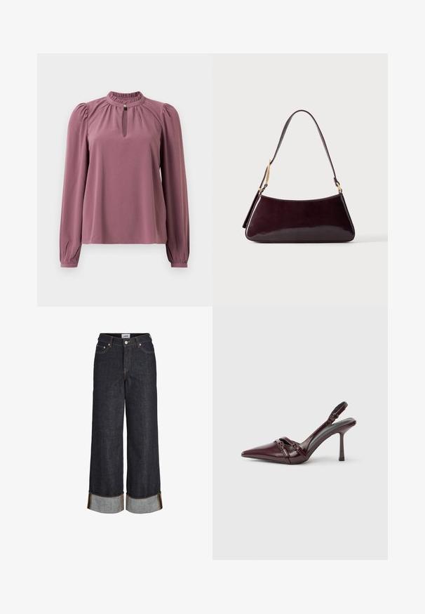 Langermet mauve bluse med samlet krave, nøglehul-udskæring med knaplukning og let puffede skuldre.; Mørkeblå jeans med brede ben og opbuk ved kanterne, fem lommer og kontrastfuld gul syning.; Bourgogne laklæder slingback-hæl med spids tå, tynd ankelrem og lille dekorativ spænde. Glat tekstur og høj hæl.; Mørkebrun, blank læderhåndtaske med enkelt skulderrem og guldfarvede hardwaredetaljer mod en ensfarvet baggrund.