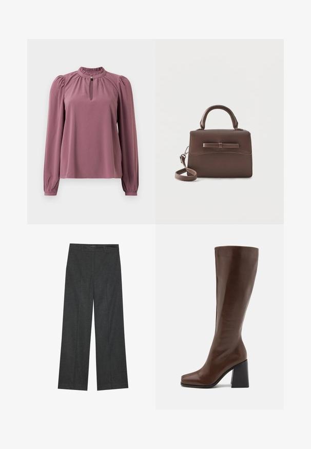 Blouse mauve à manches longues avec col froncé, encolure à clef avec fermeture à bouton et épaules légèrement bouffantes.; Pantalons larges gris foncé en tissu texturé, avec une taille plate, des passants de ceinture et une finition soignée à l'ourlet.; RAID RENZO - Bottes - brown; Petit sac à main en cuir marron avec poignée supérieure, bandoulière amovible et rabat avant accentué par une bande horizontale en cuir.