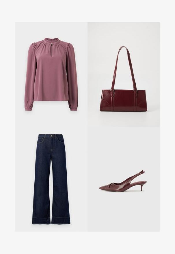 Langermet mauve bluse med samlet krave, nøglehul-udskæring med knaplukning og let puffede skuldre.; Mørkeblå brede jeans lavet af denim. Har en knaplukning, stikninger og sidelommer. Udfoldet nederste kant.; Bordeaux læder slingback hæl med spidse tå, justerbar rem og dekorativ sløjfedetalje foran. 7,5 cm hælhøjde.; Bordeaux håndtaske lavet af glansfuldt materiale, rektangulær form, med to skulderremme og subtile buede detaljer på forsiden.