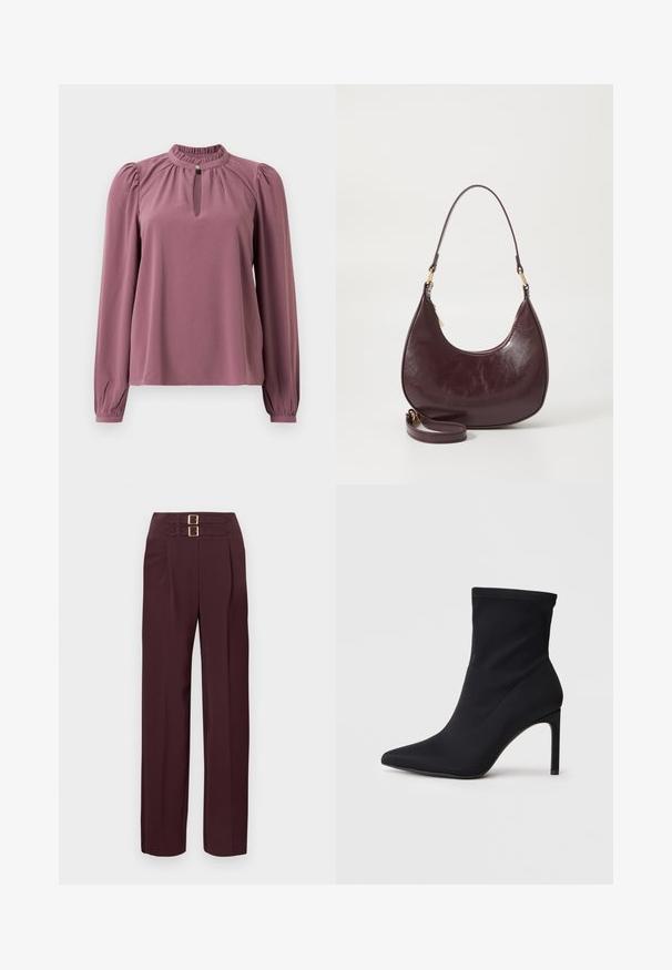 Blouse mauve à manches longues avec col froncé, encolure à clef avec fermeture à bouton et épaules légèrement bouffantes.; Pantalon taille haute de couleur bordeaux foncé avec deux sangles à boucle dorée en haut et une coupe droite.; Bottine noire à bout pointu avec un talon haut fin et un tige en tissu stretch contre un fond blanc.; Sac à épaule en cuir bourgogne avec une forme incurvée, fermeture éclair et une sangle détachable. Présente une texture lisse et des accents en métal doré.