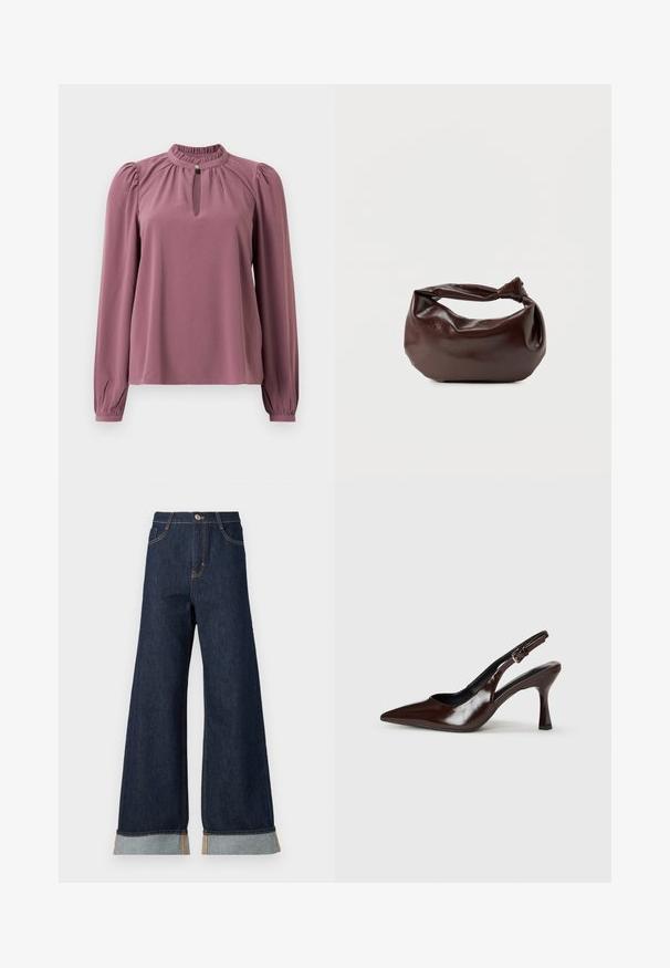 Blusa de manga larga en color malva con cuello fruncido, escote en forma de ojal con cierre de botón y hombros ligeramente abullonados.; Jeans de mezclilla oscuros de pierna ancha con costuras naranjas, con una cintura alta, dos bolsillos delanteros y puños enrollados que muestran una tela de contraste en azul claro.; Zapatos de tacón slingback de charol marrón con punta afilada, tacón delgado y correa ajustable con una pequeña hebilla.; Bolso de hombro de cuero marrón oscuro con una forma suave y caída, y un asa con nudo torcido sobre un fondo blanco liso.