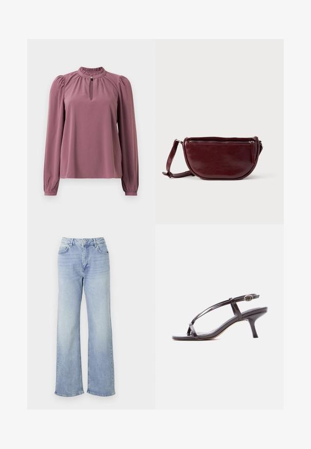 Langärmlige mauve Bluse mit gerafftem Kragen, Schlüsselloch-Ausschnitt mit Knopfverschluss und leicht gepufften Schultern.; Helle blaue Wide-Leg-Jeans aus Denim, mit hohem Bund, fünf Taschen und einem Saum mit dezenten Fransen.; Schwarze Lackleder-Kitten-Heel-Sandale mit dünnen, überkreuzten Riemchen und einer kleinen goldenen Schnalle am Knöchelriemen.; Dunkelroter Lederhandtasche in halbmondförmiger Form mit Reißverschluss und abnehmbarem Tragegurt. Glatte Textur mit dezentem Glanz.