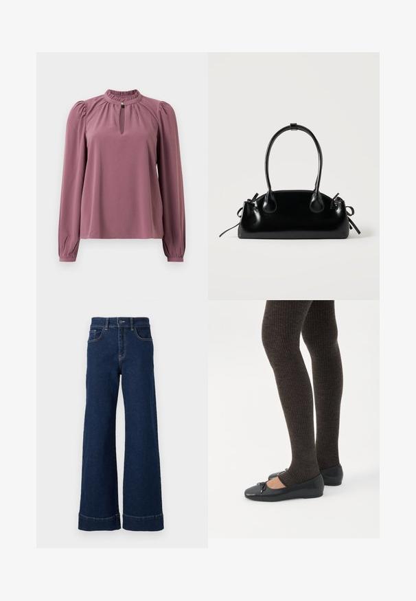 Langärmlige mauve Bluse mit gerafftem Kragen, Schlüsselloch-Ausschnitt mit Knopfverschluss und leicht gepufften Schultern.; Weite dunkelblaue Jeans aus Denim. Verfügt über ein klassisches Fünf-Taschen-Design, einen Knopfverschluss und umgeschlagene Saumdetails.; Beine in dunklen, gerippten Leggings kombiniert mit schwarzen Ballerinas mit kleinen Schleifendetails auf weißem Hintergrund.; Kleine schwarze glänzende Handtasche mit zwei langen Griffen und seitlichen Kordelzug-Details vor einfachem hellem Hintergrund.