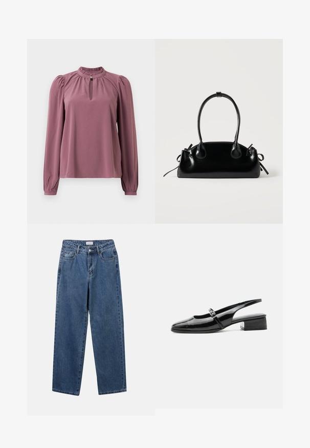 Mauve blouse met lange mouwen, geplooide kraag, keyhole halslijn met knoopsluiting en licht opgeblazen schouders.; Klassieke blauwe denim jeans met een rechte pijp, vijf zakken en een knoopsluiting. Heeft een middelgrote wasbeurt en stevige textuur.; Zwarte lakleren slingback schoen met een lage blokhak en een dunne band met zilveren gesp bovenop.; Kleine zwarte glanzende handtas met twee lange hengsels en zijkant trekkoord details op een effen lichte achtergrond.