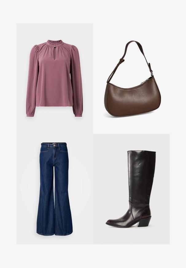 Langärmlige mauve Bluse mit gerafftem Kragen, Schlüsselloch-Ausschnitt mit Knopfverschluss und leicht gepufften Schultern.; Hochtaillierte, weit geschnittene Jeans aus dunkelblauem Denim mit fünf Taschen und einem metallischen Knopfverschluss. Glatte Textur und subtile Steppdetails.; Knöchelhigh, dunkelbraune Lederstiefel mit spitzem Zeh, eckigem Blockabsatz und glatter, glänzender Textur. Verfügt über ein klares Design und Steppnähte.; Kleine braune Lederschultertasche mit verstellbarem Riemen und Reißverschluss, vor weißem Hintergrund. Kein sichtbares Branding oder Verzierung.