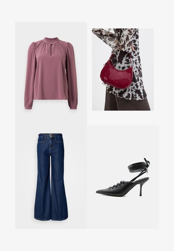 Mauve blouse met lange mouwen, geplooide kraag, keyhole halslijn met knoopsluiting en licht opgeblazen schouders.; Brede donkerdenim jeans met een hoge taille, vijf zakken en metalen knoopsluiting. Glad oppervlak met subtiele stikdetails.; Zwarte pumps met spitse neus en hoge hak, met veters aan de voorkant en riempjes die rond de enkel wikkelen en zijn gestrikt in een strik, gezien vanaf de zijkant tegen een witte achtergrond.; Vrouw met een zwart-wit gebloemde blouse houdt een glanzende rode schoudertas vast tegen een effen achtergrond.