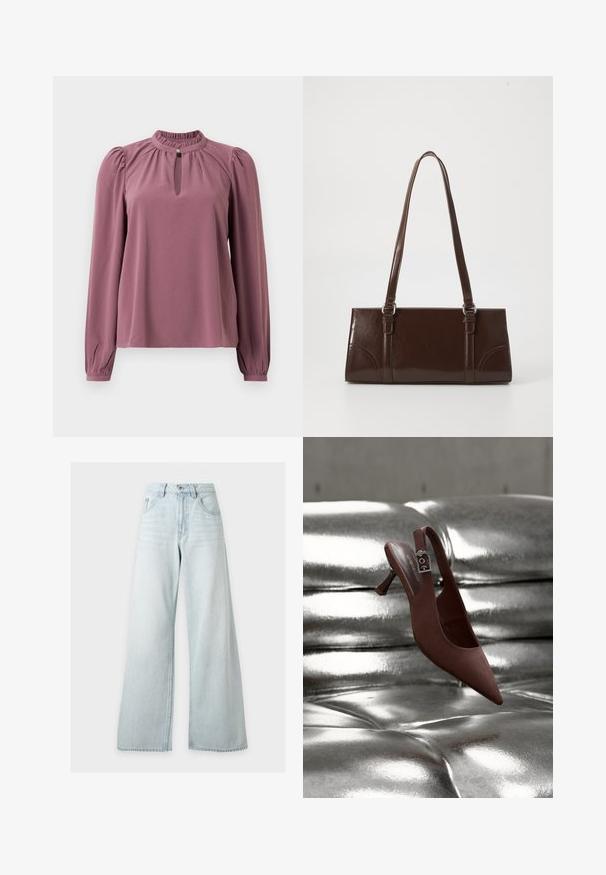 Langermet mauve bluse med samlet krave, nøglehul-udskæring med knaplukning og let puffede skuldre.; Lyseblå højhåndede vidde jeans med forreste knap og lynlås, forlommer og bæltestropper på hvid baggrund.; Brun spids slingback-sko med lav hæl og spænde, hvilende på en skinnende, metallisk sølv tuftet overflade.; Brun lakeret håndtaske med rektangulær form, to lange håndtag og subtile buede detaljer på fronten.