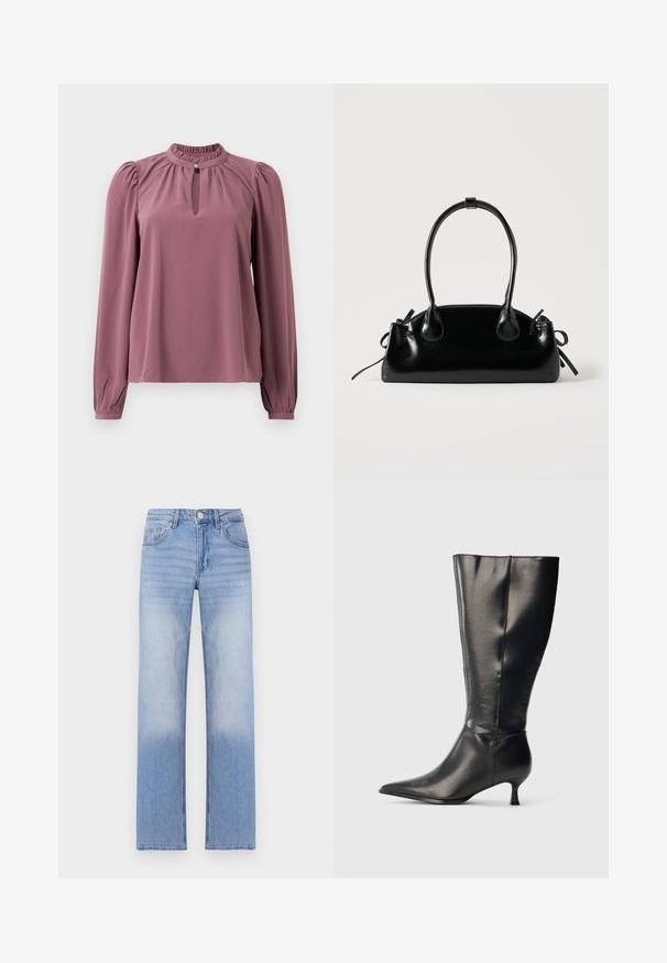 Langärmlige mauve Bluse mit gerafftem Kragen, Schlüsselloch-Ausschnitt mit Knopfverschluss und leicht gepufften Schultern.; Hellblaue Denim-Jeans mit geradem Bein, ausgestattet mit einer ausgeblichenen Waschung im unteren Bereich und klassischem Fünf-Taschen-Design.; Schwarzer kniehoher Lederstiefel mit spitzer Zehenpartie und niedrigem Kittenabsatz, präsentiert vor einem schlichten hellen Hintergrund.; Kleine schwarze glänzende Handtasche mit zwei langen Griffen und seitlichen Kordelzug-Details vor einfachem hellem Hintergrund.