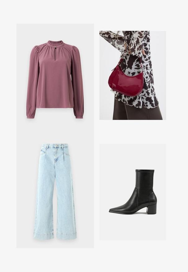 Langermet mauve bluse med samlet krave, nøglehul-udskæring med knaplukning og let puffede skuldre.; Lyseblå vidbenede jeans lavet af denim, med høj talje, forlommer og syede detaljer ved kanten.; Sorte ankelstøvler lavet af glat læder, med spids tå, en blokhæl og markant hævet syning ved den øverste kant.; Kvinde iført en sort- og hvidmønstret bluse, der holder en blank rød skuldertaske mod en ensfarvet baggrund.