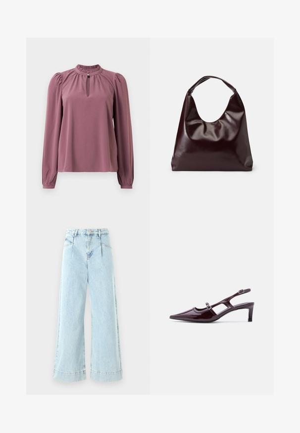Mauve blouse met lange mouwen, geplooide kraag, keyhole halslijn met knoopsluiting en licht opgeblazen schouders.; Lichtblauwe wijde jeans gemaakt van denim, met een hoge taille, voorzakken en gestikte accenten aan de zoom.; Bordeaux lakleren slingback schoen met spitse neus, lage hak en dubbele verstelbare gespsluitingen.; Bordeaux, glanzende vegan leren totebag met een zachte, sculpturale vorm en een brede, gebogen handgreep voor makkelijk dragen.