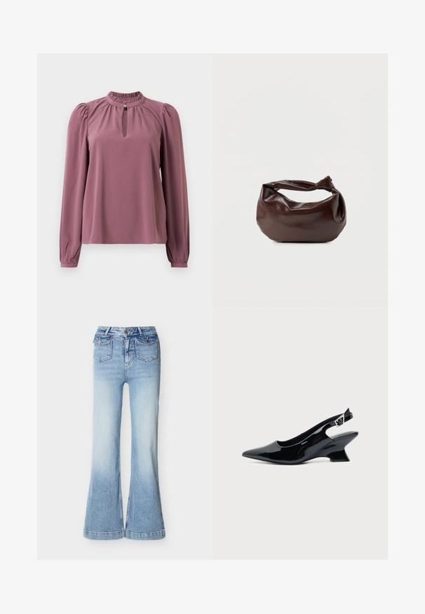 Langermet mauve bluse med samlet krave, nøglehul-udskæring med knaplukning og let puffede skuldre.; Lyseblå denimjeans med høj talje og vide ben, to forlommer med klap og knappelukning samt lynlås.; Sort laklæder slingback sko med spids tå og lav vinklet blokhæl på ensartet lys baggrund.; Mørkebrun læder skuldertaske med en blød, afslappet form og et snoet knudehåndtag på en ensartet hvid baggrund.