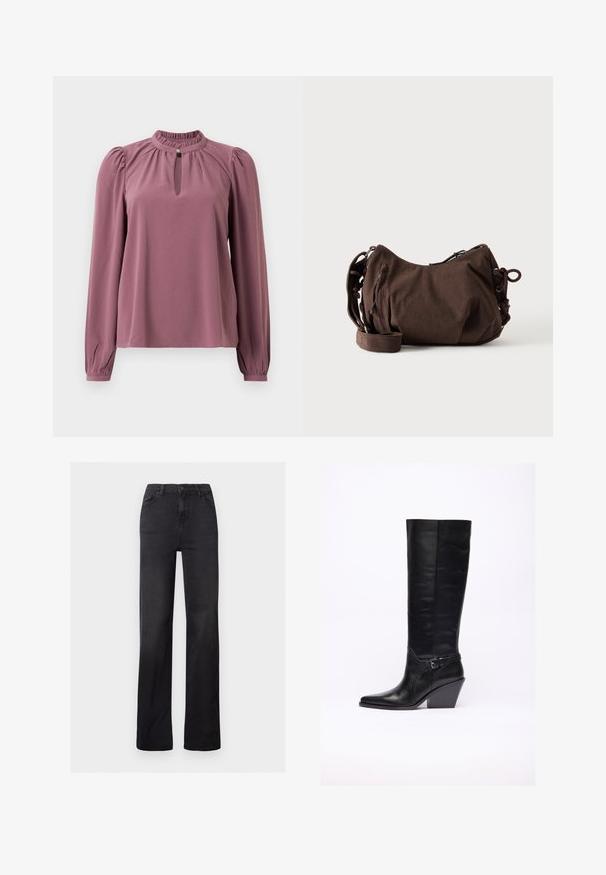 Langärmlige mauve Bluse mit gerafftem Kragen, Schlüsselloch-Ausschnitt mit Knopfverschluss und leicht gepufften Schultern.; Schwarze Denim-Jeans mit geradem Bein, hoher Taille, Fünf-Taschen-Design und sichtbaren Nähten. Glatte Textur mit leicht ausgeblichenem Finish.; Schwarzer Lederstiefel bis zum Knie mit spitzem Zeh, Wedge-Absatz und dekorativem Riemen um den Knöchel. Glatte Textur und schlankes Design.; Braune Cord-Schultertasche mit verstellbarem Träger, Reißverschluss und seitlichen Kordelzügen auf weißem Hintergrund.