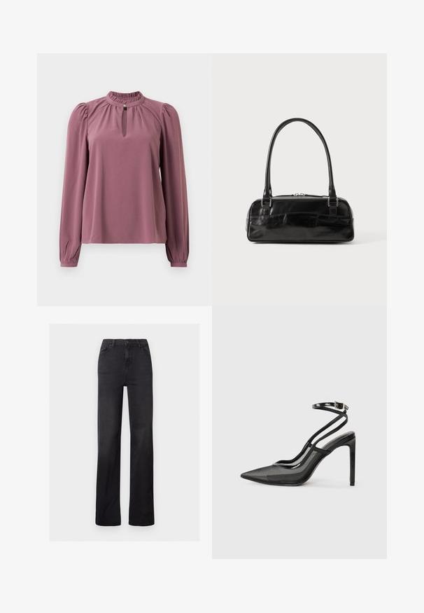 Mauve blouse met lange mouwen, geplooide kraag, keyhole halslijn met knoopsluiting en licht opgeblazen schouders.; Zwarte denim recht gesneden jeans met een hoge taille, vijf-pocket ontwerp en zichtbare stiksels. Glad oppervlak met een licht vervaagde afwerking.; Zwarte hoge hakken met een spitse neus, combinatie van mesh en lakleer, enkelbandje met gespdetail, elegante silhouet.; Zwarte leren handtas met een rechthoekige vorm, voorzien van een enkele gestructureerde handgreep, zilveren hardware en ritsluiting. Gladde textuur.