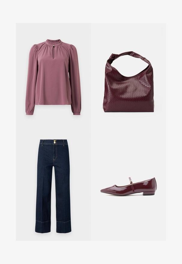 Langärmlige mauve Bluse mit gerafftem Kragen, Schlüsselloch-Ausschnitt mit Knopfverschluss und leicht gepufften Schultern.; Dunkelblaue, hochschneiderische, weit geschnittene Jeans mit doppelten goldenen Knöpfen und sichtbaren orangen Nähten auf hellem Hintergrund.; Glänzende burgunderfarbene Lackleder Mary Jane Ballerinas mit spitzem Zehen, flachem Absatz und einem Riemen mit einer kleinen Schnallenverzierung.; Bordeauxfarbene Tasche mit einer strukturierten, gewebten Musterung, weichem Leder und einem einzelnen, verknoteten Griff. Geräumiges Hobo-Design.