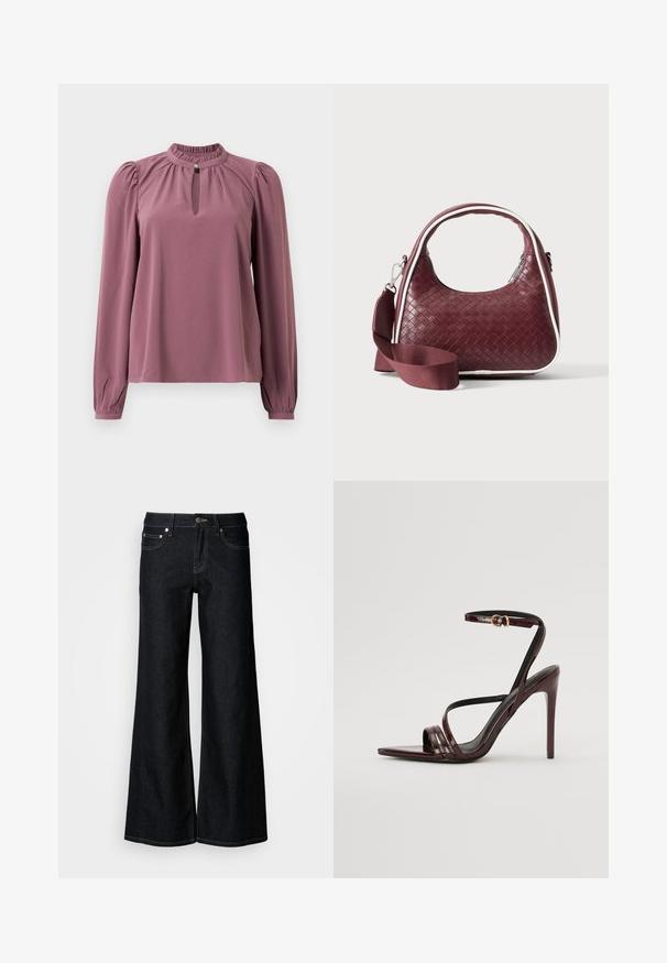 Blusa de manga larga en color malva con cuello fruncido, escote en forma de ojal con cierre de botón y hombros ligeramente abullonados.; Pantalones vaqueros de pierna ancha y denim oscuro, con cintura alta, diseño de cinco bolsillos y costuras contrastantes en color amarillo a lo largo de las costuras.; Sandalia de tacón alto de charol burdeos con tira en el tobillo, punta afilada y tres tiras horizontales en el pie. Detalle de hebilla en tono dorado.; Bolso de mano de cuero tejido color granate con asa curva, ribete blanco, cremallera plateada y correa desmontable de tela ancha para el hombro sobre fondo liso.