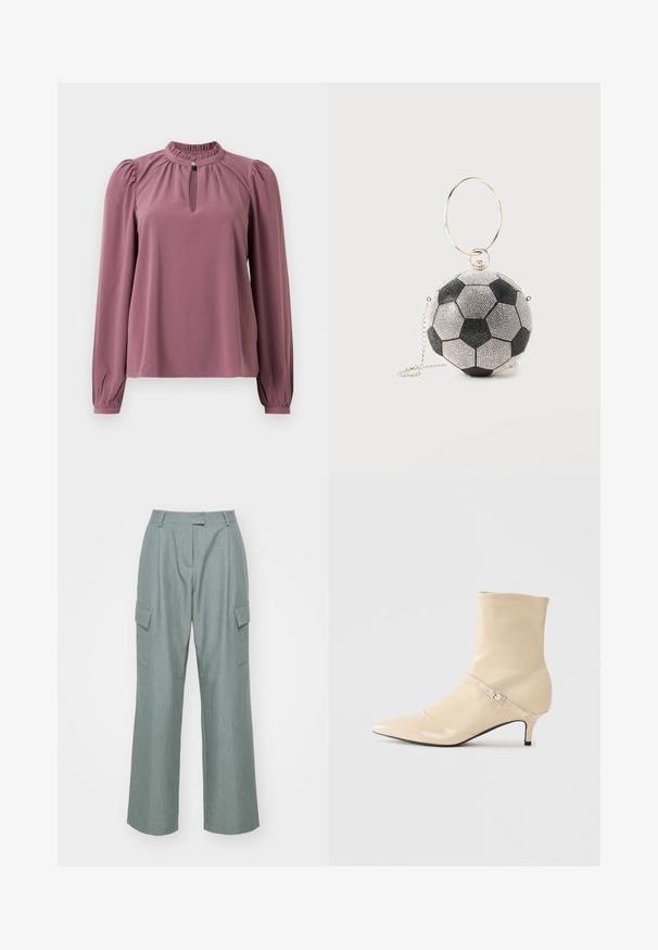 Blusa de manga larga en color malva con cuello fruncido, escote en forma de ojal con cierre de botón y hombros ligeramente abullonados.; Los pantalones cargo de pierna ancha en verde claro cuentan con dos bolsillos laterales, un frente plano y una textura suave, diseñados para un ajuste relajado.; Botín de tobillo beige hasta la mitad de la pantorrilla con punta afilada, un pequeño tacón kitten y una tira decorativa con hebilla plateada sobre un fondo liso.; Pequeño bolso redondo con forma de balón de fútbol negro y blanco con asa de aro dorado y correa de cadena plateada.
