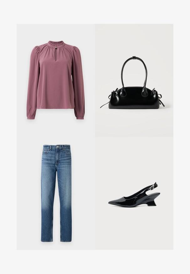 Blusa de manga larga en color malva con cuello fruncido, escote en forma de ojal con cierre de botón y hombros ligeramente abullonados.; Good American GOOD BARREL - Vaqueros rectos - indigo; Zapato slingback de cuero charol negro con puntera puntiaguda y tacón bajo en bloque inclinado sobre fondo claro liso.; Pequeño bolso negro brillante con dos asas largas y detalles de cordón lateral sobre un fondo claro liso.
