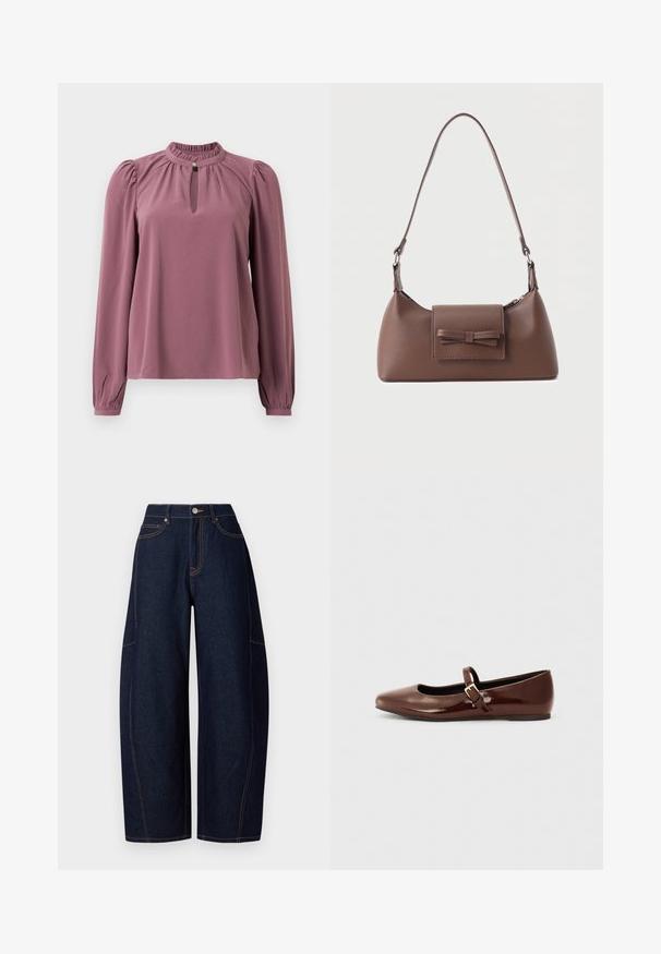 Langärmlige mauve Bluse mit gerafftem Kragen, Schlüsselloch-Ausschnitt mit Knopfverschluss und leicht gepufften Schultern.; Hellebeine dunkelblaue Denim-Hosen mit kontrastierender orangefarbener Naht, fünf Taschen sowie einem Knopf- und Reißverschluss am Bund.; Braune Lackleder-Ballerinas mit quadratischer Zehenform und Riemen mit einer kleinen goldenen Schnalle. Glatte Textur, niedriger Absatz und minimalistisches Design.; Braune Leder-Umhängetasche mit einer vorderen Klappentasche, die ein gestepptes Schleifendetail und einen verstellbaren Riemen aufweist.