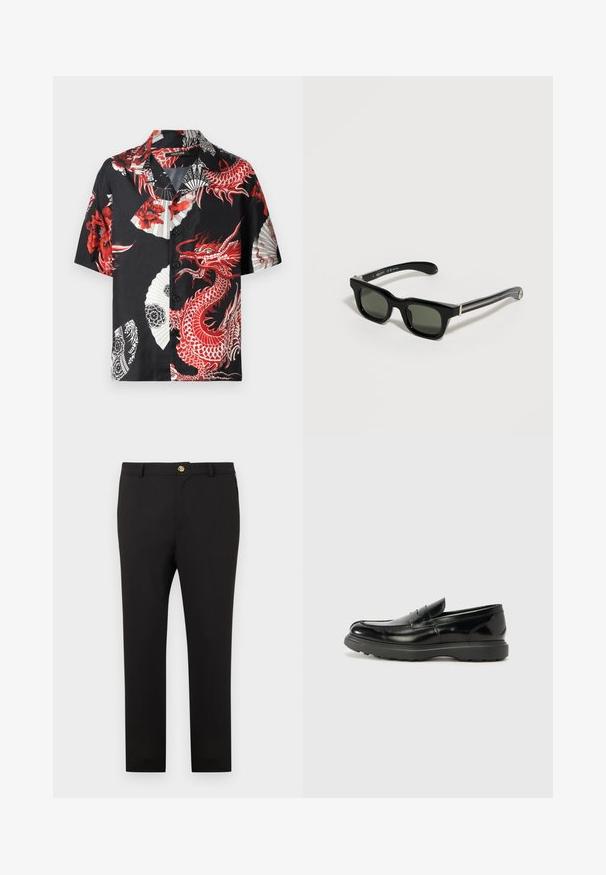 Zwart shirt met korte mouwen met een patroon van een rode draak en bloemen, witte waaierontwerpen en een knoopsluiting aan de voorkant. Gemaakt van gladde stof.; Zwarte slim-fit broek met gouden knoopsluiting en riemlussen, afgebeeld tegen een effen witte achtergrond.; Zwarte leren instapper met een glanzende afwerking, een ronde neus, subtiele stiksels en een dikke rubberen zool voor duurzaamheid.; Zwarte rechthoekige zonnebril met dikke monturen en donkere glazen, rustend op een lichte ondergrond.