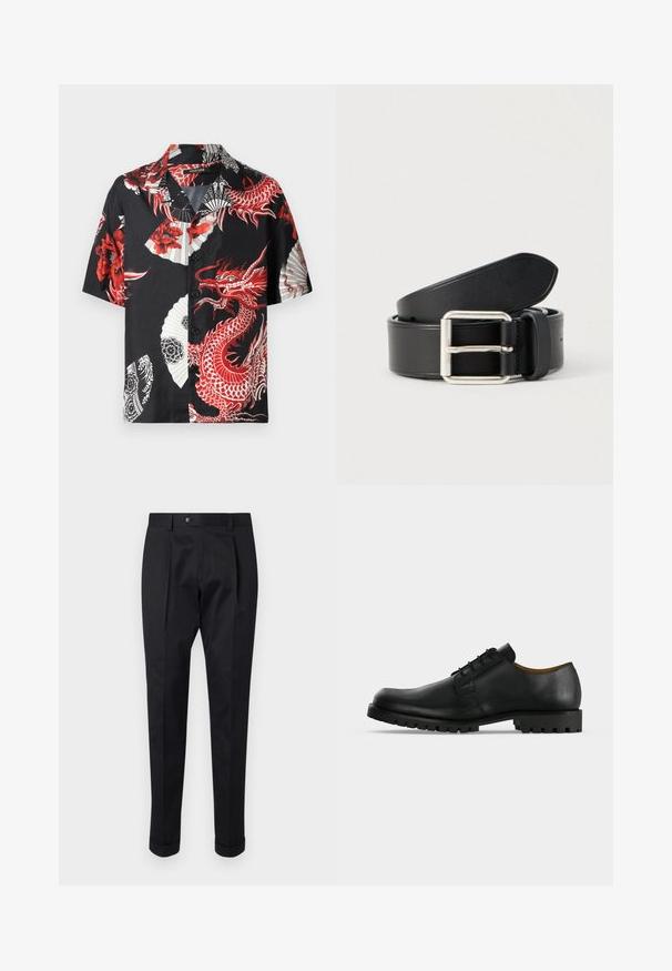 Camisa negra de manga corta con estampados de dragón rojo y flores, diseños de abanico en blanco, y un frente de botones. Fabricada con tela suave.; Pantalones negros de tejido suave, con un pliegue en la parte delantera, cierre de botón y puños enrollados en el tobillo.; Zapato de vestir negro de cuero con cordones, suela gruesa y acanalada y tacón bajo mostrado sobre fondo blanco.; Cinturón de cuero negro con textura lisa, hebilla metálica plateada y diseño limpio y sencillo. Cuenta con agujeros para ajuste.