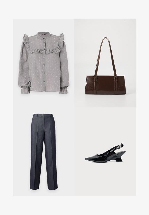 Blouse à carreaux noir et blanc avec des volants sur le buste, manches longues à volants avec des poignets élastiques et fermeture à boutons sur le devant.; Pantalons larges gris foncé en tissu lisse, dotés d'une fermeture à bouton à l'avant, de plis tailleur et de poches élégantes.; Chaussure slingback en cuir verni noir avec bout pointu et petit talon bloc incliné sur fond clair uni.; Sac à main en cuir verni marron de forme rectangulaire, avec deux longues poignées et des accents courbés subtils à l'avant.