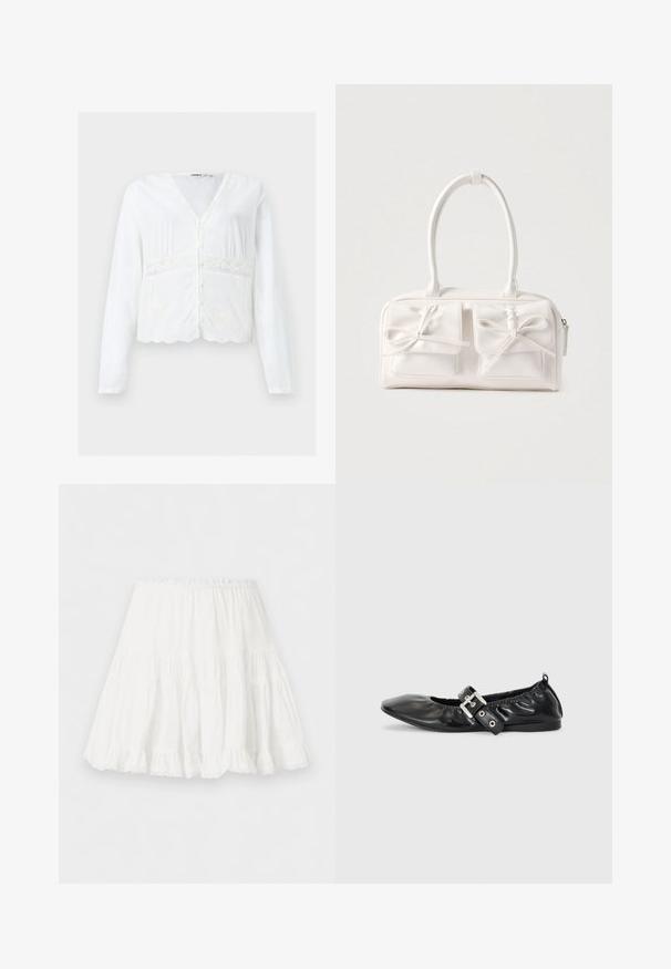 Blouse blanche à manches longues boutonnée, col en V, détails en dentelle autour de la taille et ourlet festonné.; Jupe blanche à volants avec taille élastique et ourlet volanté, fabriquée en tissu léger.; Chaussure plate en cuir noir avec un nez pointu, des détails froncés autour de l'ouverture et un accent en boucle argentée sur la bride ajustable.; Sac à main synthétique blanc avec deux poches avant, chacune ornée d'un nœud noué. Texture lisse, anses arrondies et fermeture zippée.