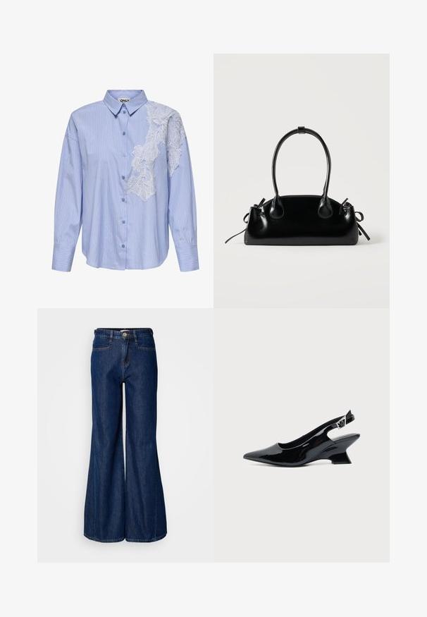Hellblau gestreiftes Langarmhemd mit einer Spitzenüberlagerung an der linken Schulter. Verfügt über einen klassischen Kragen und eine Knopfleiste.; Hochtaillierte, weit geschnittene Jeans aus dunkelblauem Denim mit fünf Taschen und einem metallischen Knopfverschluss. Glatte Textur und subtile Steppdetails.; Schwarzer Slingback-Schuh aus Lackleder mit spitzer Spitze und niedrigem, schrägem Blockabsatz auf einfachem hellem Hintergrund.; Kleine schwarze glänzende Handtasche mit zwei langen Griffen und seitlichen Kordelzug-Details vor einfachem hellem Hintergrund.
