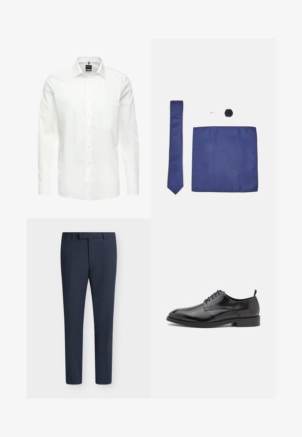 Weißes Langarmhemd, knöpfbarer Ausschnitt, klassischer Kragen, glattes Baumwollgewebe, leicht, mit dezenten Nähten und ohne Muster.; Marineblaue, maßgeschneiderte Herrenhose mit Gürtelschlaufen und einem vorderen Reißverschluss, vor einem schlichten Hintergrund dargestellt.; Schwarze Lederschuhe mit glatter Oberfläche, runder Spitze und Schnürdesign. Verfügt über eine flache schwarze Gummisohle und einen kleinen Absatz.; Navyblauer Seidentie mit einem strukturierten Muster, passendem Einstecktuch und floralem Revers-Anstecker. Jedes Teil hat eine ähnliche Farbe und Ausführung.