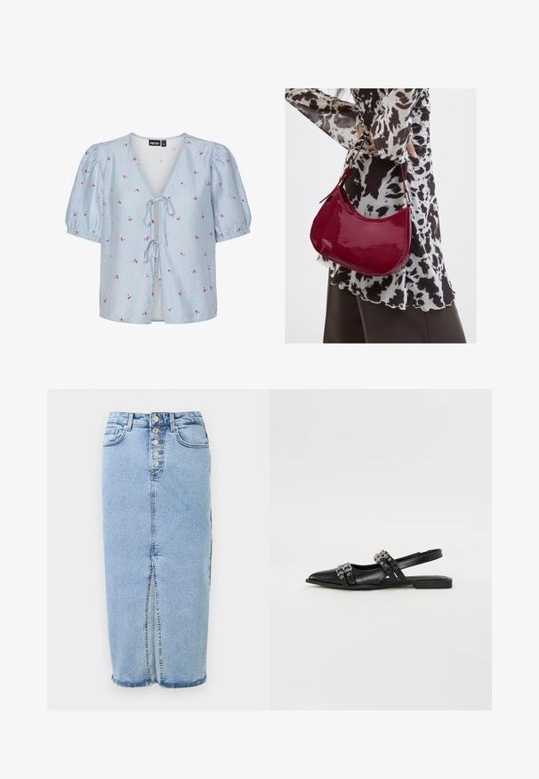 Blauw en witte gestreepte blouse met korte pofmouwen, een diepe V-hals, striksluiting aan de voorkant en rode bloemenaccenten overal.; Lichtblauwe denim midi-rok met knoopsluiting aan de voorkant, voorsplit, riemlussen en twee steekzakken aan de voorkant.; Even&Odd Slingback ballerina´s - black; Vrouw met een zwart-wit gebloemde blouse houdt een glanzende rode schoudertas vast tegen een effen achtergrond.