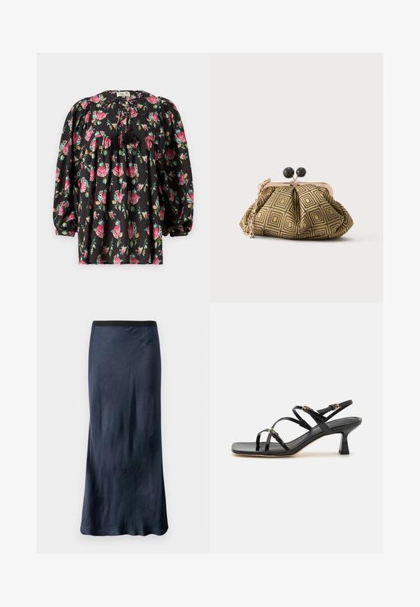 Blouse noire avec un motif floral en rose et vert. Comprend des manches bouffantes, un buste froncé et un lien avec des pompons au niveau du col.; Jupe A-ligne marine en satin lisse avec une taille élastique noire. Présente un léger éclat et un design longueur sol.; Sandales à strapes en cuir verni noir avec un bout carré et un petit talon carré. Présente des accessoires en métal doré et des brides de cheville réglables.; Petite pochette avec motif géométrique doré et noir, cadre en métal doré, fermeture à boule noire et une courte chaîne dorée.