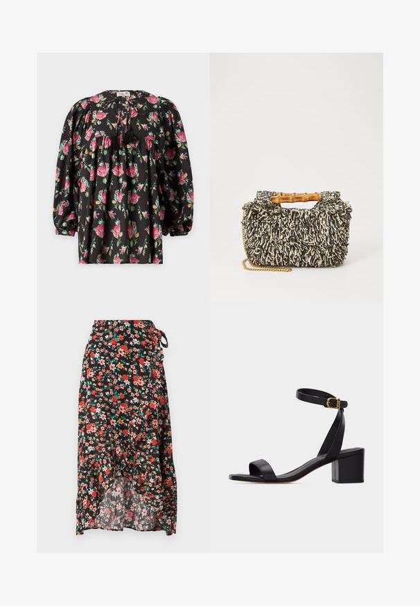 Blouse noire avec un motif floral en rose et vert. Comprend des manches bouffantes, un buste froncé et un lien avec des pompons au niveau du col.; Jupe enveloppante florale avec un fond noir, des fleurs rouges et roses, un ourlet en volants, un lien ajustable à la taille et un tissu léger.; Sandale noire à bout ouvert avec talon bloc et bride à la cheville ornée d'une petite boucle en or, vue de côté sur un fond uni.; Sac tissé avec un motif texturé noir et crème, une poignée en bambou et une bandoulière en chaîne dorée amovible. Forme rectangulaire compacte.