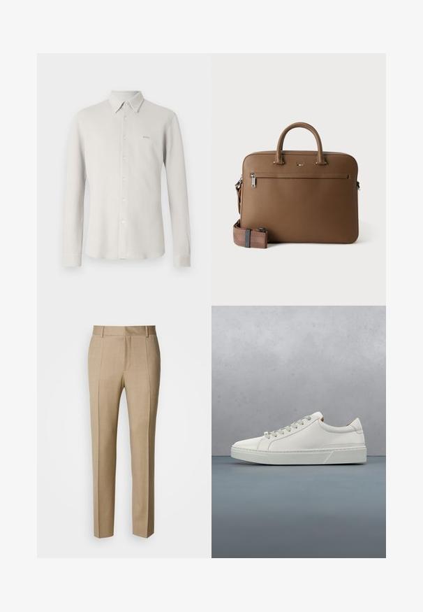 Chemise gris clair boutonnée avec un tissu texturé, col et manches longues ; présente un logo "BOSS" subtil sur la poitrine.; Pantalon beige sur mesure en tissu texturé, à front plat et jambes droites. Comprend des poches latérales et des passants pour ceinture, offrant un look élégant.; Baskets en cuir blanc avec un bout arrondi, design minimaliste, lacets gris et semelle en caoutchouc gris texturé. Détails de couture subtils visibles.; Mallette en cuir marron avec poignées supérieures, poche avant zippée et bandoulière assortie amovible sur fond blanc.