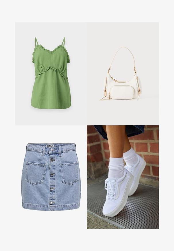 Haut sans manches vert avec des bretelles à volants, tissu texturé et taille froncée. Présente un décolleté en V et une silhouette fluide.; Mini-jupe en denim bleu clair, avec cinq boutons sur le devant, deux poches plaquées et une texture légèrement déchirée. L'étiquette indique "ONLY."; Baskets en toile blanches avec semelles en caoutchouc, dotées de six œillets, d'un bout rond et de détails de couture légers, portées avec des chaussettes blanches mi-mollet.; Sac à main blanc avec une bandoulière courte, surface texturée, plusieurs poches zippées et accents en métal doré. Design compact et moderne.