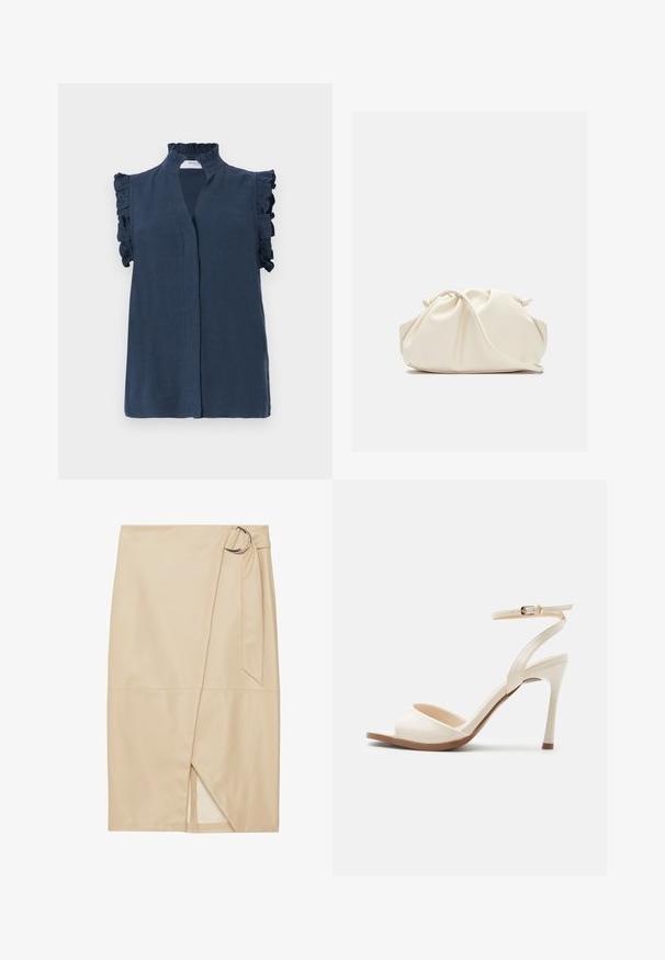 Navyblauw mouwloze blouse met een hoge ruches kraag en ruches accenten op de schouders, gemaakt van een lichtgewicht stof.; Zign STUDIO by Zalando Wikkelrok - off-white; Beige sandaal met hoge hak, dunne enkelband met gouden gesp, open teen en slanke naaldhak op een witte achtergrond.; Zachte, crèmekleurige leren clutch met geplooid, gerimpeld ontwerp en een dunne schouderriem die vooraan op een effen achtergrond ligt.