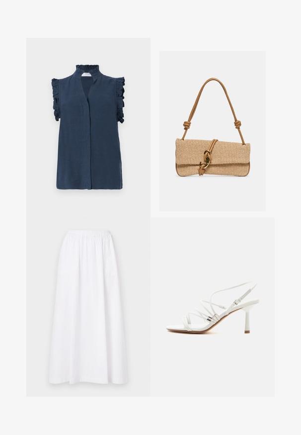 Blusa sin mangas de color azul marino con un alto cuello con volantes y detalles de volantes en los hombros, confeccionada en una tela ligera.; Falda blanca, de longitud a la rodilla, con una cintura elástica, que presenta un diseño sencillo y una tela ligera, exhibiendo una textura lisa y uniforme.; Sandalia blanca de tacón alto con tiras finas, detalles plateados, puntera cuadrada y un tacón delgado de altura media sobre un fondo blanco liso.; Bolso de mano rectangular tejido en color beige con asa de cuero marrón claro que presenta nudos y un cierre de gancho en tono dorado sobre un fondo liso.