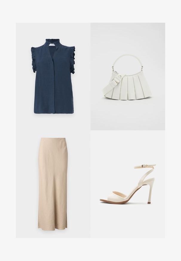 Navyblauw mouwloze blouse met een hoge ruches kraag en ruches accenten op de schouders, gemaakt van een lichtgewicht stof.; Samsøe Samsøe AGNETA LONG SKIRT - Maxirok - white pepper; Beige sandaal met hoge hak, dunne enkelband met gouden gesp, open teen en slanke naaldhak op een witte achtergrond.; Lacoste LENGLEN BAG - Handtas - cristalline