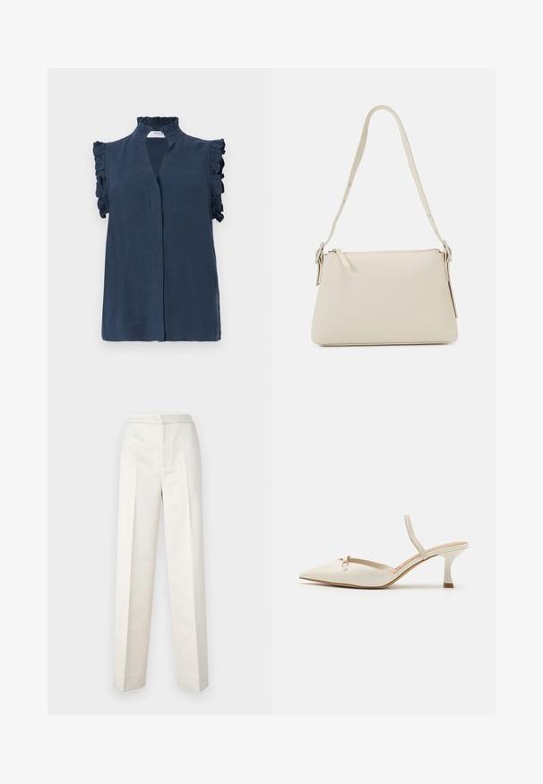 Blusa sin mangas de color azul marino con un alto cuello con volantes y detalles de volantes en los hombros, confeccionada en una tela ligera.; Pantalones color crema con un corte ajustado, que presentan una pierna recta, tejido suave, pliegues frontales y un dobladillo limpio. Diseño minimalista.; ALDO NAILAH - Tacones - white/bone; Bolso de hombro beige hecho de cuero suave con cierre de cremallera. Presenta un diseño simple, correa de hombro delgada y acentos de hardware metálico.