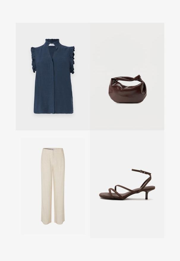 Navyblauw mouwloze blouse met een hoge ruches kraag en ruches accenten op de schouders, gemaakt van een lichtgewicht stof.; Beige linnen broek met een recht model, voorzien van een gladde textuur en een lichte glans. Voorzien van een tailleband en onopvallende voorzakken.; Bruine sandaal met hoge hak, dunne gekruiste bandjes en een enkelbandje met een zilveren gesp op een witte achtergrond.; Donkerbruine leren schoudertas met een zachte, slungelige vorm en een gedraaide knoopvormige handgreep op een effen witte achtergrond.