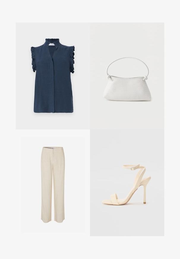 Blusa sin mangas de color azul marino con un alto cuello con volantes y detalles de volantes en los hombros, confeccionada en una tela ligera.; Pantalones de lino beige con diseño de pierna recta, que presentan una textura suave y un ligero brillo. Incluyen cinturilla y bolsillos frontales discretos.; Sandalia de tacón alto beige con una delgada correa en el tobillo y puntera cuadrada. Material sintético suave, diseño minimalista y tacón de aguja.; Bolso de mano de cuero blanco tejido con asa redondeada y extremos de la correa anudados, exhibido sobre un fondo liso.