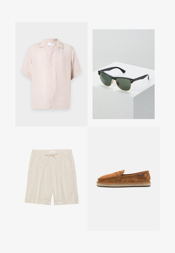 Kortærmet linen skjorte i lyserød med krave, dobbeltknaplukning foran og subtil tekstur. Har en afslappet pasform og rene linjer.; Beige linnedufter med elastisk talje, snor og sidelommer. Afslappet pasform med lige ben og opfoldet kant.; Brun ruskind slip-on sko med rund tå, der har en vævet jute sål og et lille accentbånd over forfoden.; Ray-Ban solbriller med grønne linser, sorte plastikstel og gyldne detaljer ved kanterne. Firkantet form med mat finish.