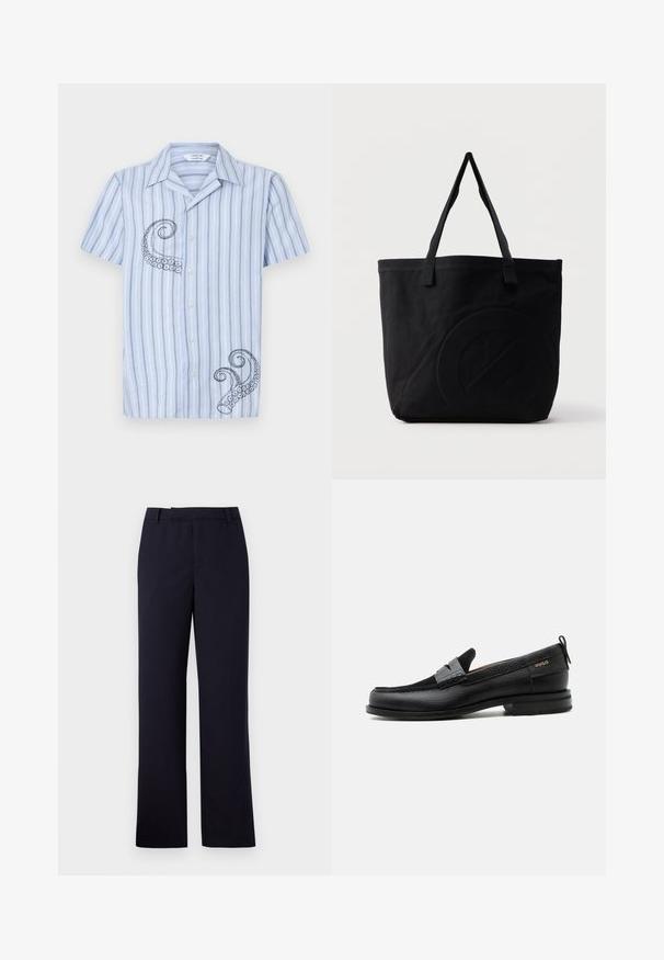 Kortærmet, lyseblå stribet skjorte med sort blæksprutte broderi på venstre side og knaplukning fortil.; Libertine-Libertine DECADE TAILORED - Bukser - navy; Sort læderloafer med grå remdetalje, lav hæl og tekstureret sål, mærket med "HUGO" i guld på siden.; Sort canvas-tote-taske med to skulderstropper og et diskret præget cirkeldesign på fronten.