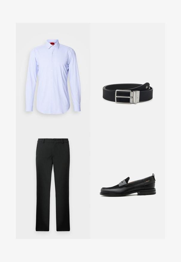 Hellblau gemustertes Button-Down-Hemd mit langen Ärmeln und klassischem Kragen. Verfügt über kleine Quadrate und weiße Knöpfe. Glatte Stofftextur.; Schwarze gerade geschnittene maßgeschneiderte Hose mit Gürtelschlaufen, vorderem Knopf und Reißverschluss, flach auf weißem Hintergrund dargestellt.; Schwarzer Lederloafer mit grauem Riemendetail, niedrigem Absatz und strukturierter Sohle, seitlich mit „HUGO“ in Gold gebrandmarkt.; Schwarzer synthetischer Gürtel mit strukturiertem Finish, ausgestattet mit einer silbernen Metallschnalle und geprägtem Logo. Der Gürtel ist einlagig, flach und schlank.